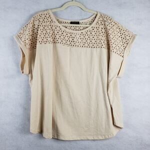 Lane Bryant 22/24 Eyelet Lace Panel Roll Sleeve‎ Blouse Cream Feminine Coquette